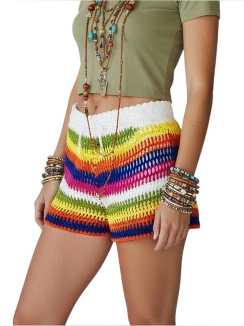 Crochet Boho Shorts Rainbow Striped Pull On Lining Drawstring/Elastic/Waist OS